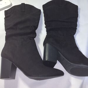Women's Sock Fashion Boots Kohl's SO size 9 Mid Calf , Black Suade Block Heel